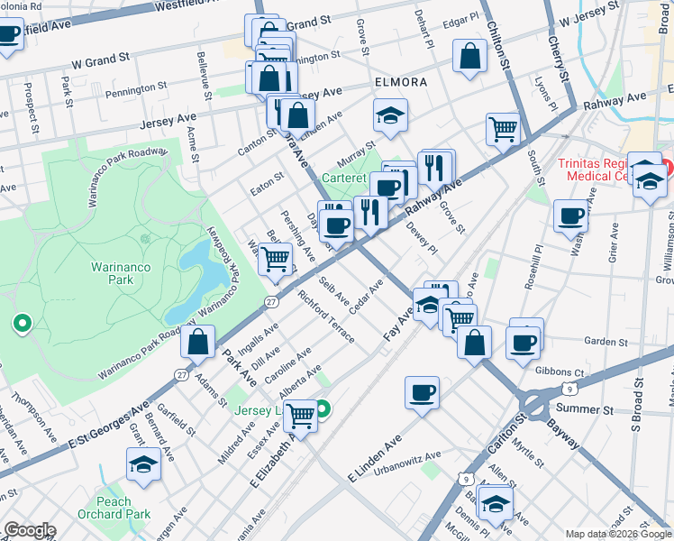 map of restaurants, bars, coffee shops, grocery stores, and more near 727 Rahway Avenue in Elizabeth