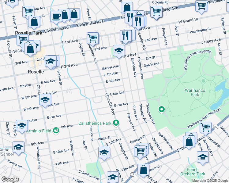 map of restaurants, bars, coffee shops, grocery stores, and more near 448 Stockton Avenue in Roselle