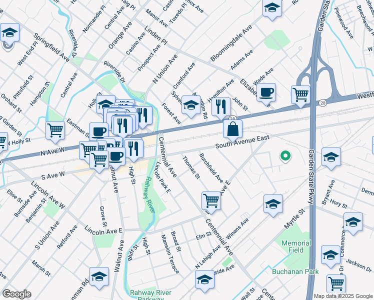 map of restaurants, bars, coffee shops, grocery stores, and more near 505 South Avenue East in Cranford