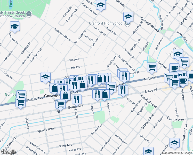map of restaurants, bars, coffee shops, grocery stores, and more near 69 3rd Avenue in Garwood