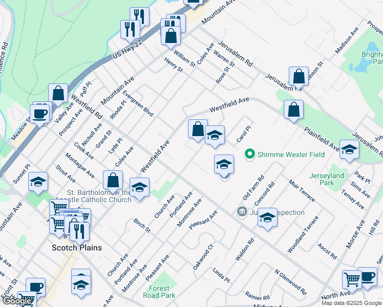 map of restaurants, bars, coffee shops, grocery stores, and more near 2267 Evergreen Avenue in Scotch Plains