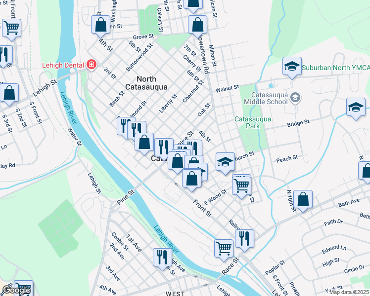map of restaurants, bars, coffee shops, grocery stores, and more near 232 Pine Street in Catasauqua