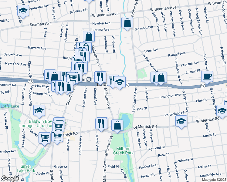 map of restaurants, bars, coffee shops, grocery stores, and more near 850 Sunrise Highway in Baldwin