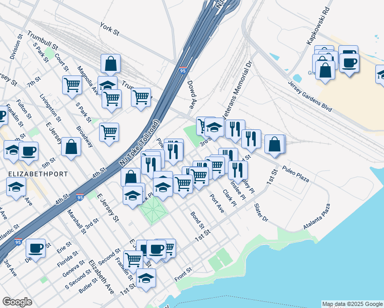 map of restaurants, bars, coffee shops, grocery stores, and more near 255 3rd Street in Elizabeth