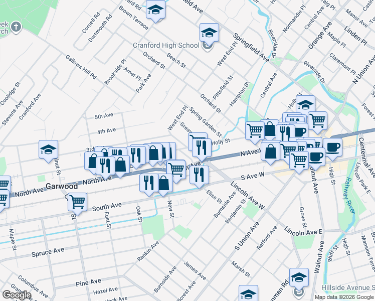 map of restaurants, bars, coffee shops, grocery stores, and more near 1 2nd Avenue in Garwood