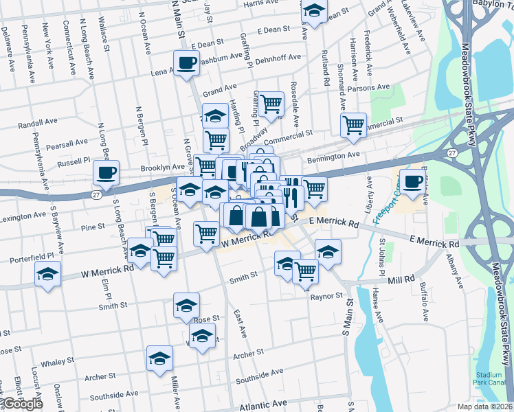 map of restaurants, bars, coffee shops, grocery stores, and more near 7 Newton Boulevard in Freeport