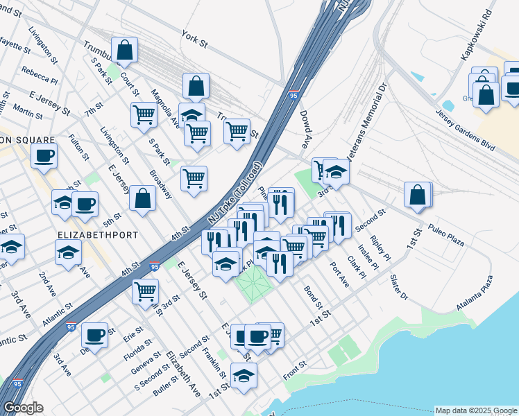 map of restaurants, bars, coffee shops, grocery stores, and more near 331 Bond Street in Elizabeth