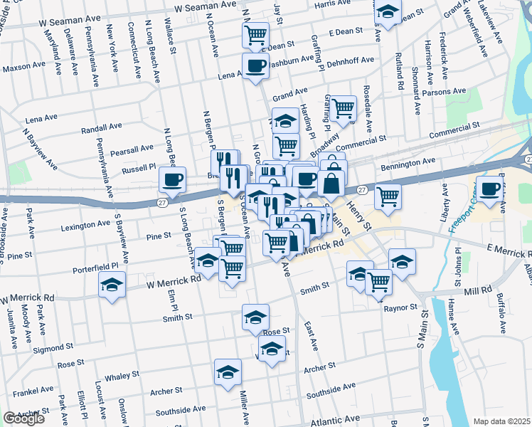 map of restaurants, bars, coffee shops, grocery stores, and more near 30 North Grove Street in Freeport