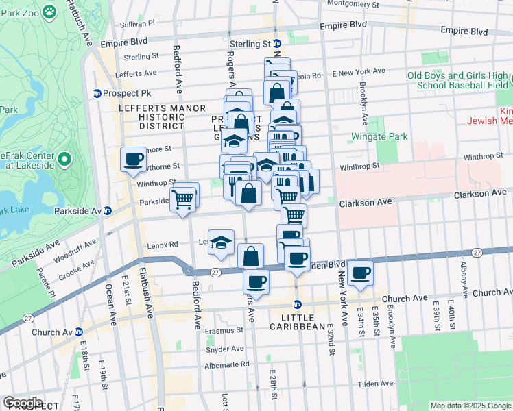 map of restaurants, bars, coffee shops, grocery stores, and more near 231 Clarkson Avenue in Brooklyn