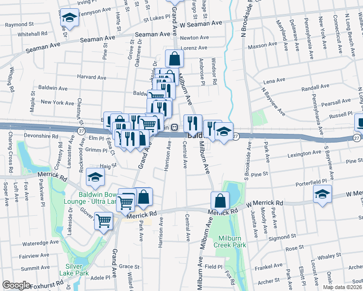 map of restaurants, bars, coffee shops, grocery stores, and more near 2300 Central Avenue in Baldwin