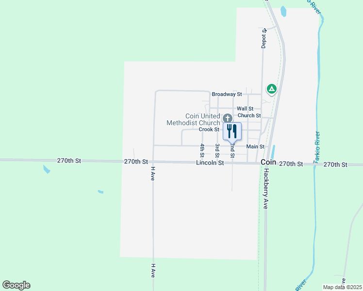 map of restaurants, bars, coffee shops, grocery stores, and more near 601 Main Street in Coin