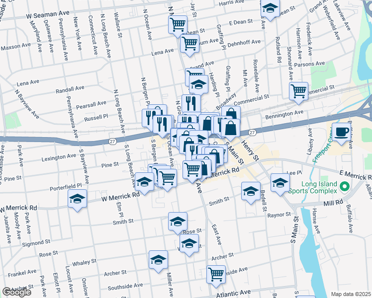 map of restaurants, bars, coffee shops, grocery stores, and more near 30 North Grove Street in Freeport