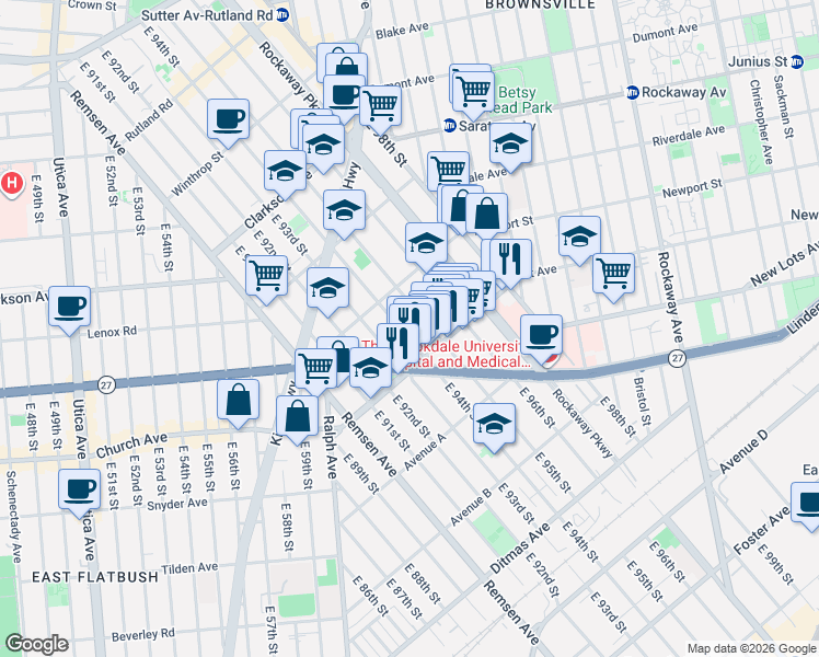 map of restaurants, bars, coffee shops, grocery stores, and more near 475 East 95th Street in Brooklyn