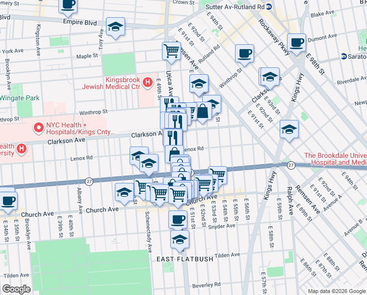 map of restaurants, bars, coffee shops, grocery stores, and more near 709 Utica Avenue in Brooklyn