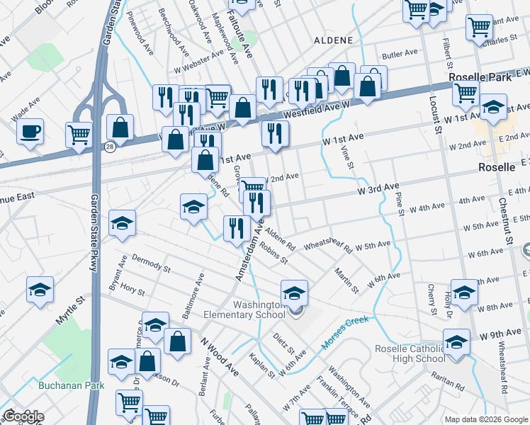 map of restaurants, bars, coffee shops, grocery stores, and more near 225 Amsterdam Avenue in Roselle