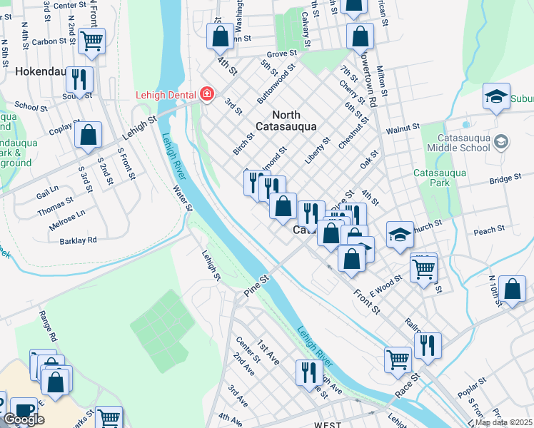 map of restaurants, bars, coffee shops, grocery stores, and more near 740 Front Street in Catasauqua