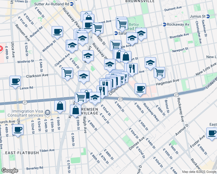 map of restaurants, bars, coffee shops, grocery stores, and more near 475 East 95th Street in Brooklyn