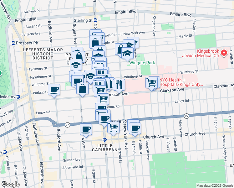 map of restaurants, bars, coffee shops, grocery stores, and more near 360 Clarkson Avenue in Brooklyn