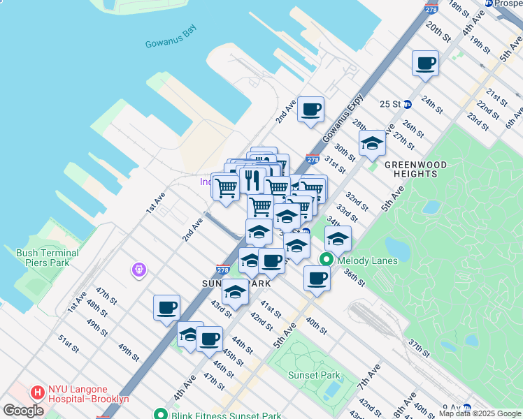 map of restaurants, bars, coffee shops, grocery stores, and more near 220 36th Street in Brooklyn