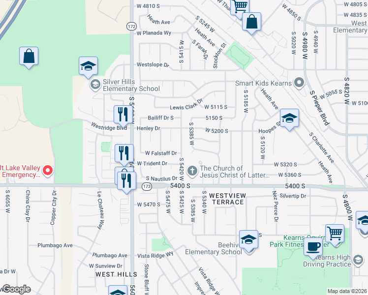 map of restaurants, bars, coffee shops, grocery stores, and more near 5269 South 5420 West in Salt Lake City