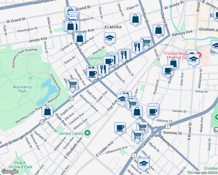 map of restaurants, bars, coffee shops, grocery stores, and more near 6 Hayes Avenue in Elizabeth