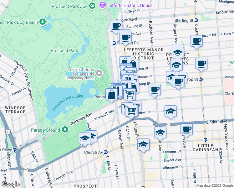 map of restaurants, bars, coffee shops, grocery stores, and more near 297 Ocean Avenue in Brooklyn
