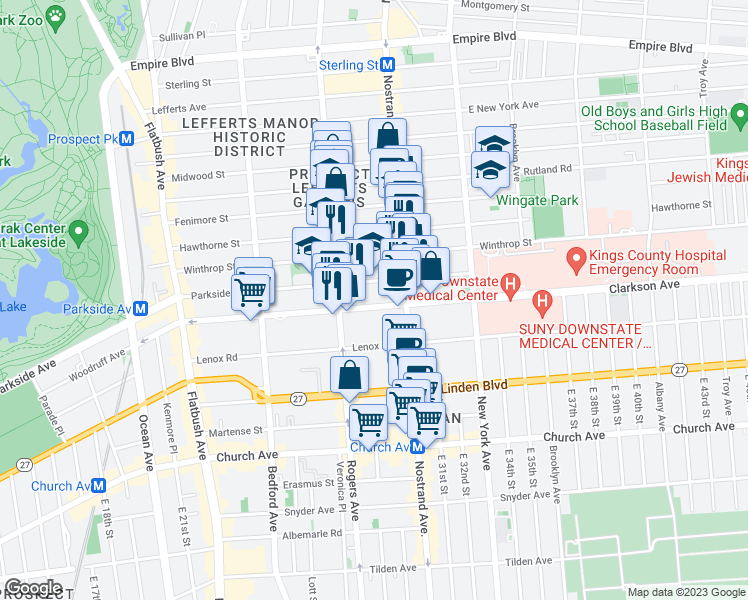 map of restaurants, bars, coffee shops, grocery stores, and more near 670 Parkside Avenue in Brooklyn