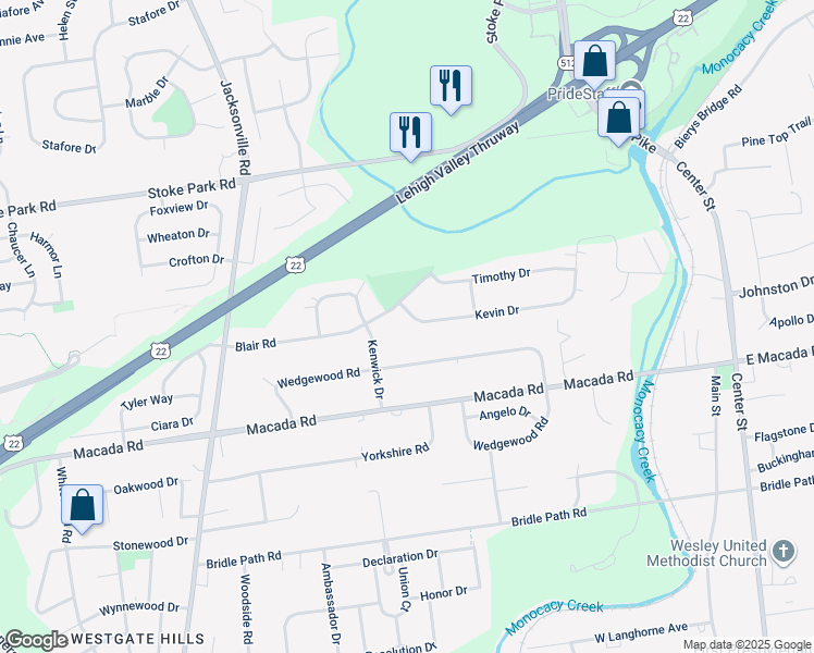map of restaurants, bars, coffee shops, grocery stores, and more near 573 Kevin Drive in Bethlehem