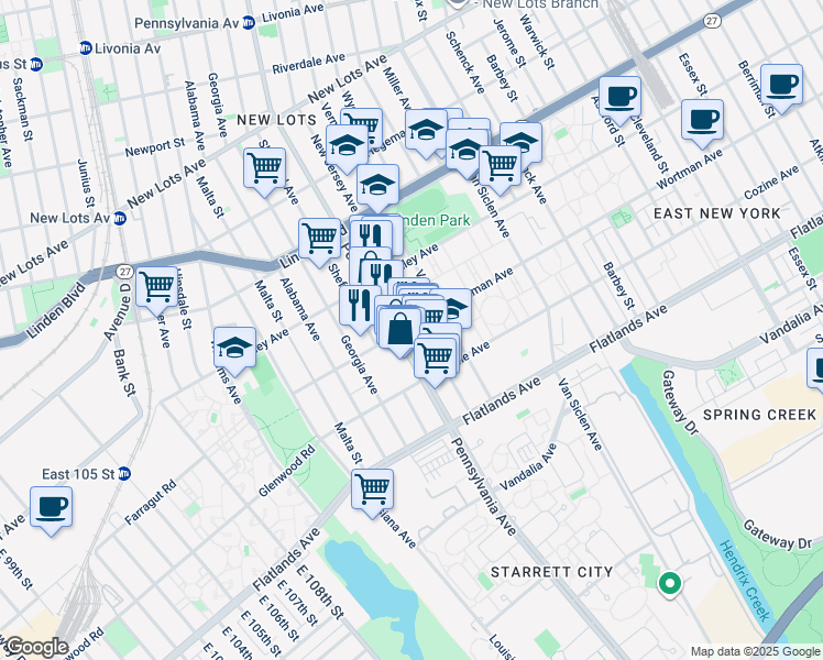 map of restaurants, bars, coffee shops, grocery stores, and more near 134 Wortman Avenue in Brooklyn