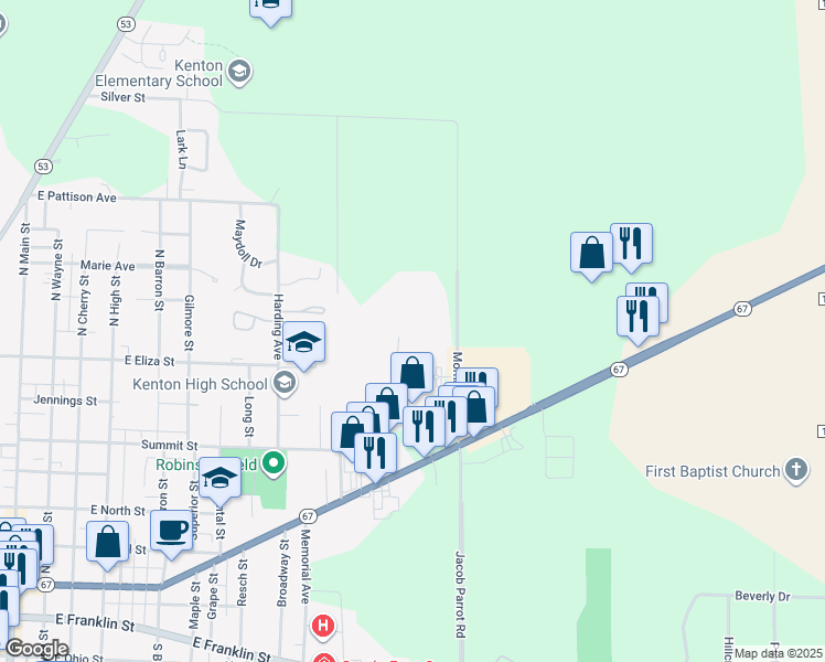 map of restaurants, bars, coffee shops, grocery stores, and more near 985 Meadow Lane in Kenton