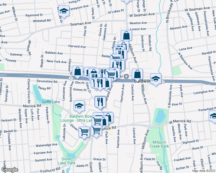 map of restaurants, bars, coffee shops, grocery stores, and more near 690 Sunrise Highway in Baldwin