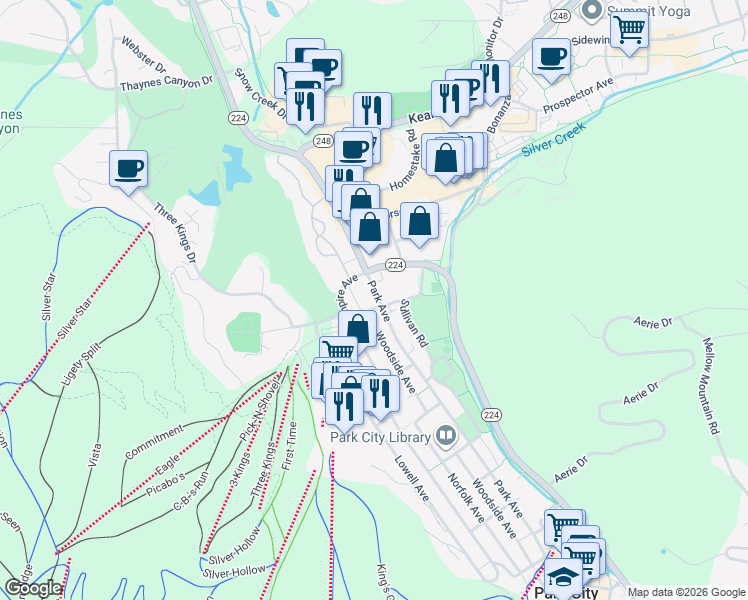 map of restaurants, bars, coffee shops, grocery stores, and more near 1510 Park Avenue in Park City