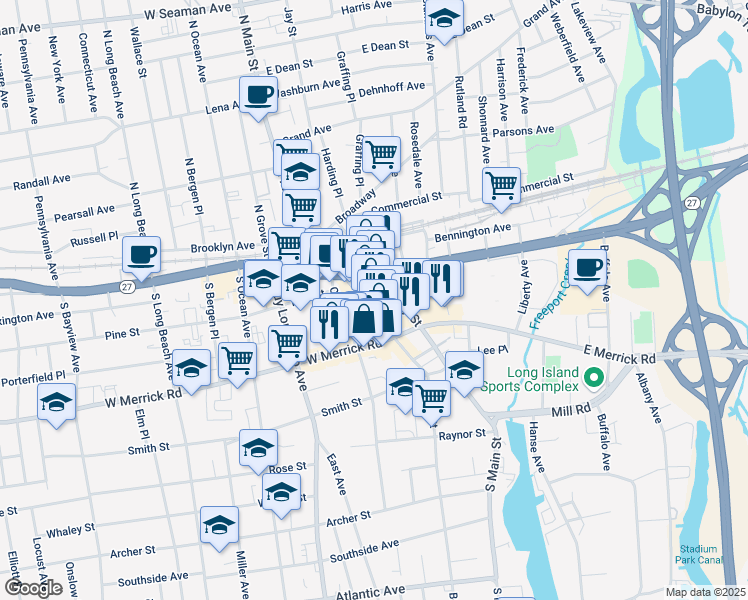 map of restaurants, bars, coffee shops, grocery stores, and more near 7 Newton Boulevard in Freeport