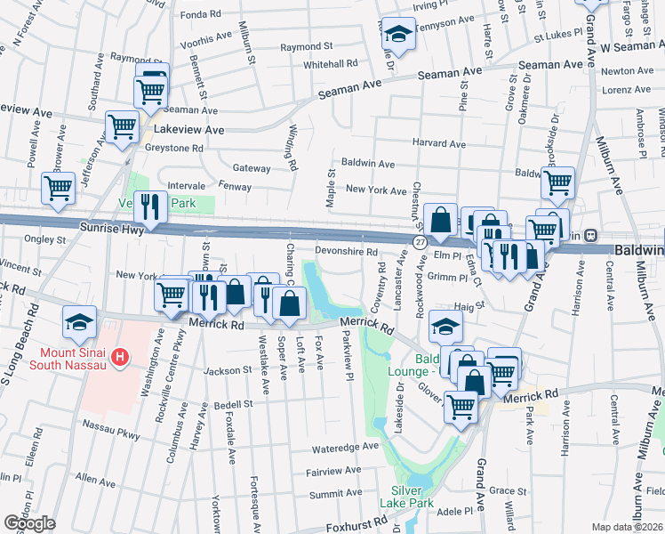 map of restaurants, bars, coffee shops, grocery stores, and more near 432 Devonshire Road in Baldwin