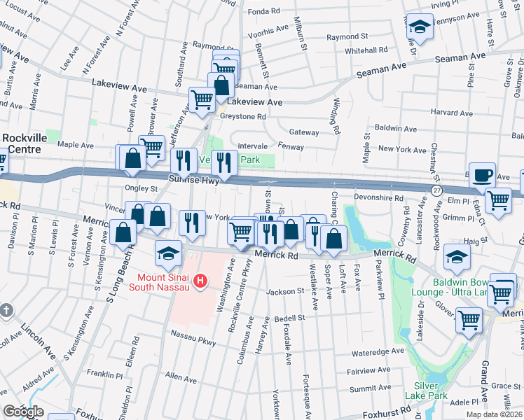 map of restaurants, bars, coffee shops, grocery stores, and more near 65 Yorktown Street in Rockville Centre