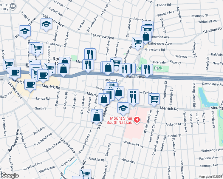 map of restaurants, bars, coffee shops, grocery stores, and more near 50 North Long Beach Road in Rockville Centre