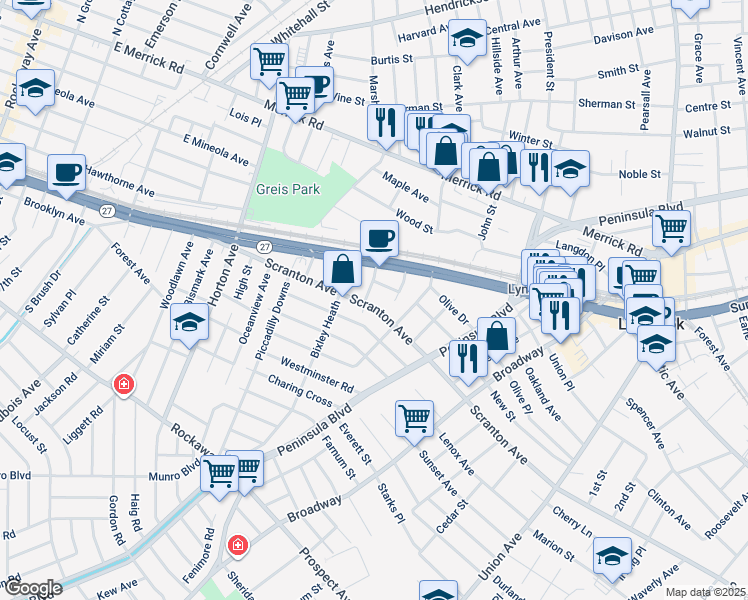 map of restaurants, bars, coffee shops, grocery stores, and more near 12 Roxy Place in Lynbrook