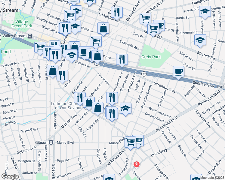 map of restaurants, bars, coffee shops, grocery stores, and more near 60 Forest Avenue in Valley Stream