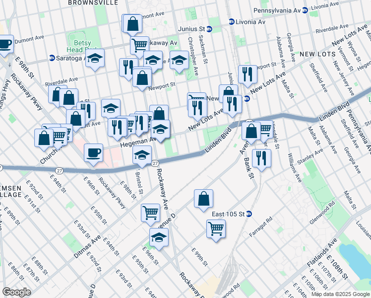 map of restaurants, bars, coffee shops, grocery stores, and more near 684 Watkins Street in Brooklyn