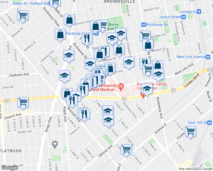 map of restaurants, bars, coffee shops, grocery stores, and more near 525 Rockaway Parkway in Brooklyn