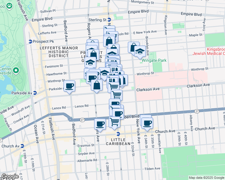 map of restaurants, bars, coffee shops, grocery stores, and more near 1251 Nostrand Avenue in Brooklyn