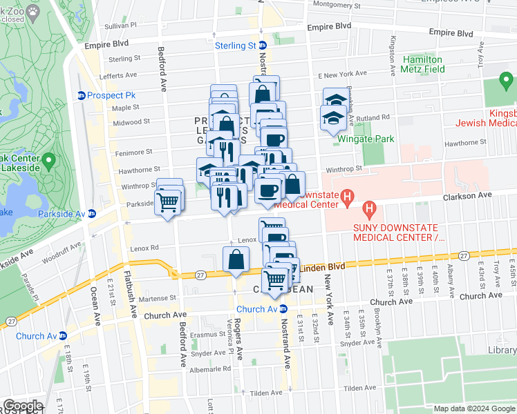 map of restaurants, bars, coffee shops, grocery stores, and more near 670 Parkside Avenue in Brooklyn