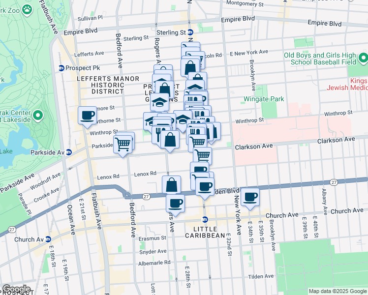 map of restaurants, bars, coffee shops, grocery stores, and more near 670 Parkside Avenue in Brooklyn