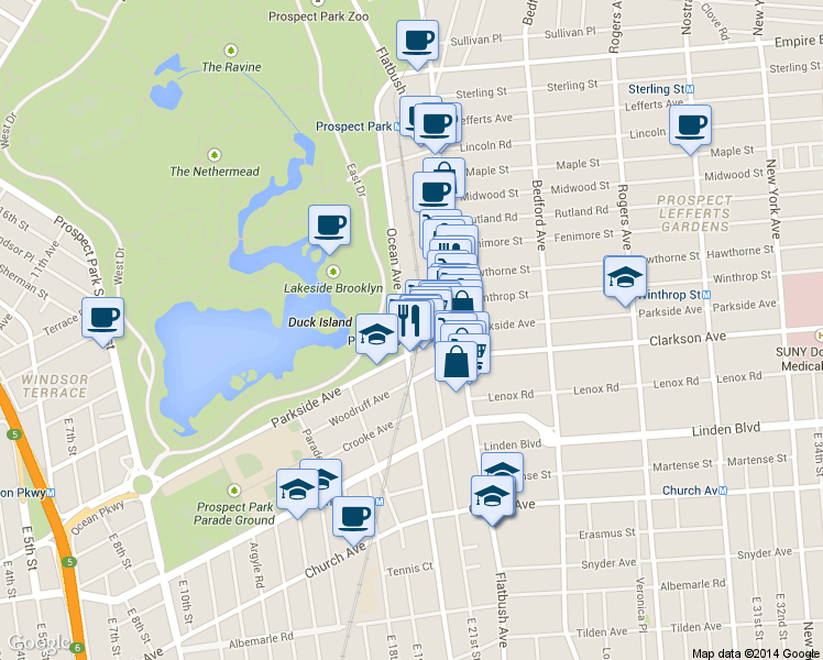 map of restaurants, bars, coffee shops, grocery stores, and more near 297 Ocean Avenue in Brooklyn
