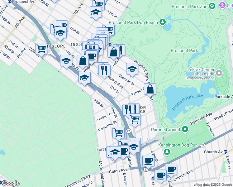 map of restaurants, bars, coffee shops, grocery stores, and more near 608A 17th Street in Brooklyn