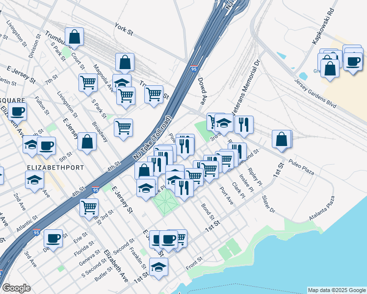 map of restaurants, bars, coffee shops, grocery stores, and more near 246 3rd Street in Elizabeth