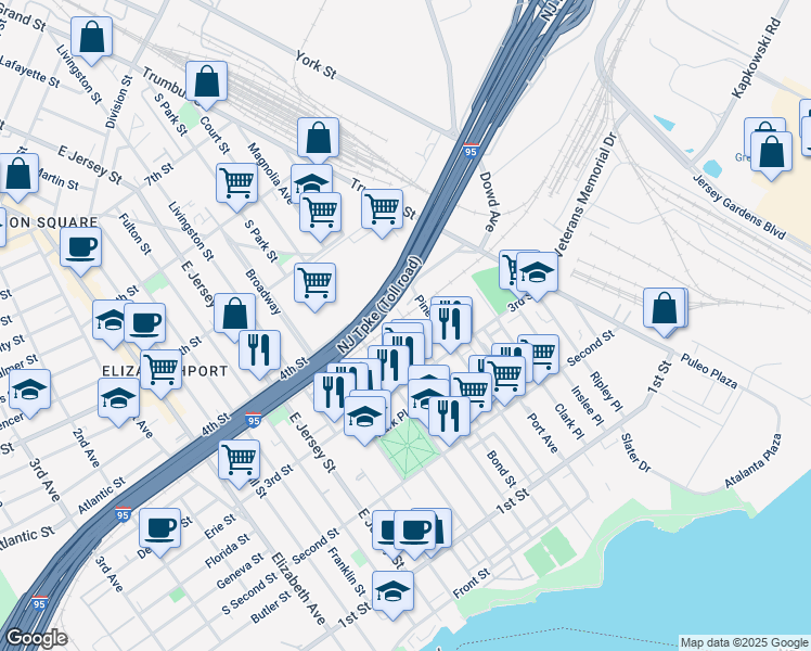 map of restaurants, bars, coffee shops, grocery stores, and more near 358 Bond Street in Elizabeth