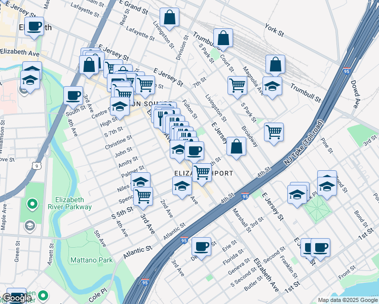 map of restaurants, bars, coffee shops, grocery stores, and more near 554 Marshall Street in Elizabeth