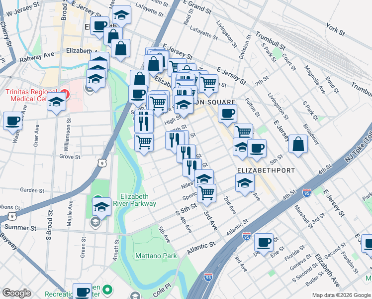 map of restaurants, bars, coffee shops, grocery stores, and more near 234 Christine Street in Elizabeth