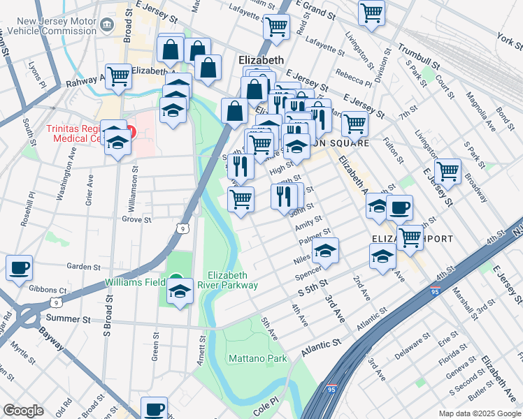 map of restaurants, bars, coffee shops, grocery stores, and more near 321 Christine Street in Elizabeth